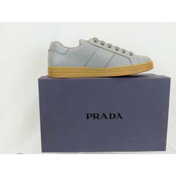 NIB PRADA 4E3501 GRAY LEATHER LACE UP LOGO LOW TOP SNEAKERS 7.5 / US 8.5 ITALY - Picture 9 of 12